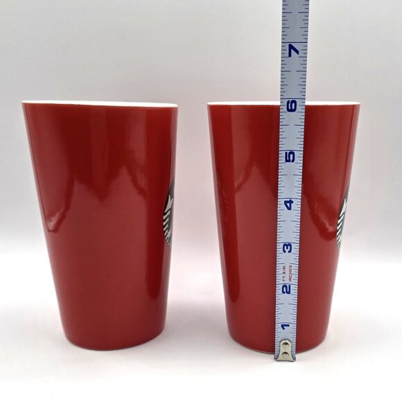 Starbucks 2 Tall Red Mugs Cups Green Mermaid Siren Logo 16 Fl Oz Ea. Coffee Tea - Picture 5 of 9
